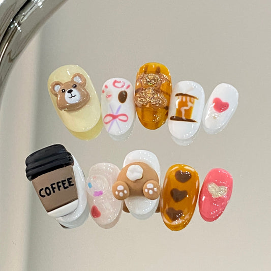 Press On Nails - Luxury Handmade /Coffee Bear