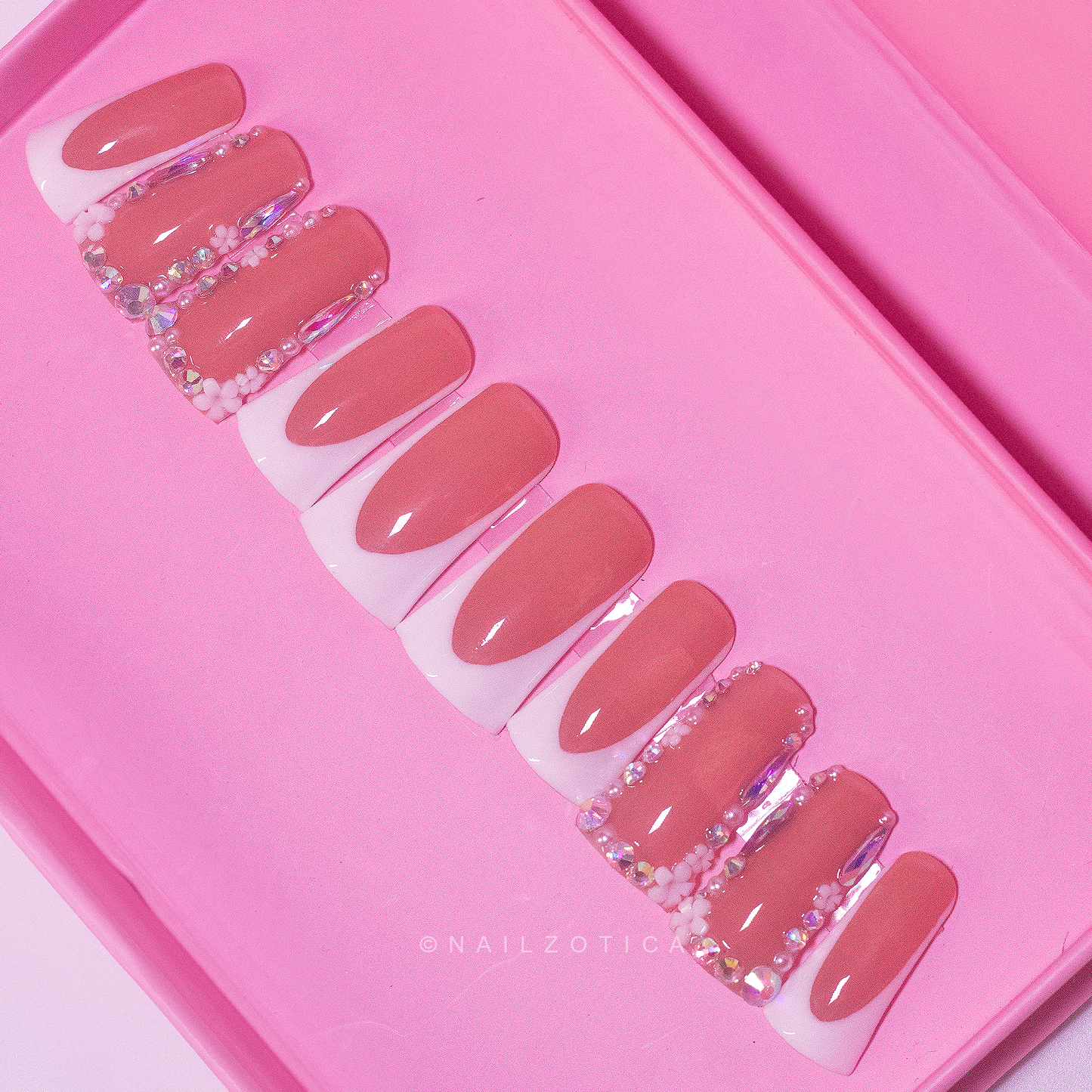 Flower French - Handmade Acrylic Press On Nails